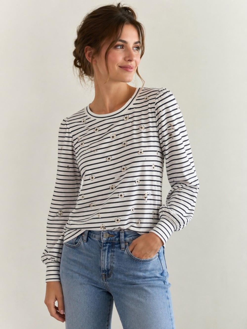 Striped Women’s Shirt with Floral Pattern Sz XS